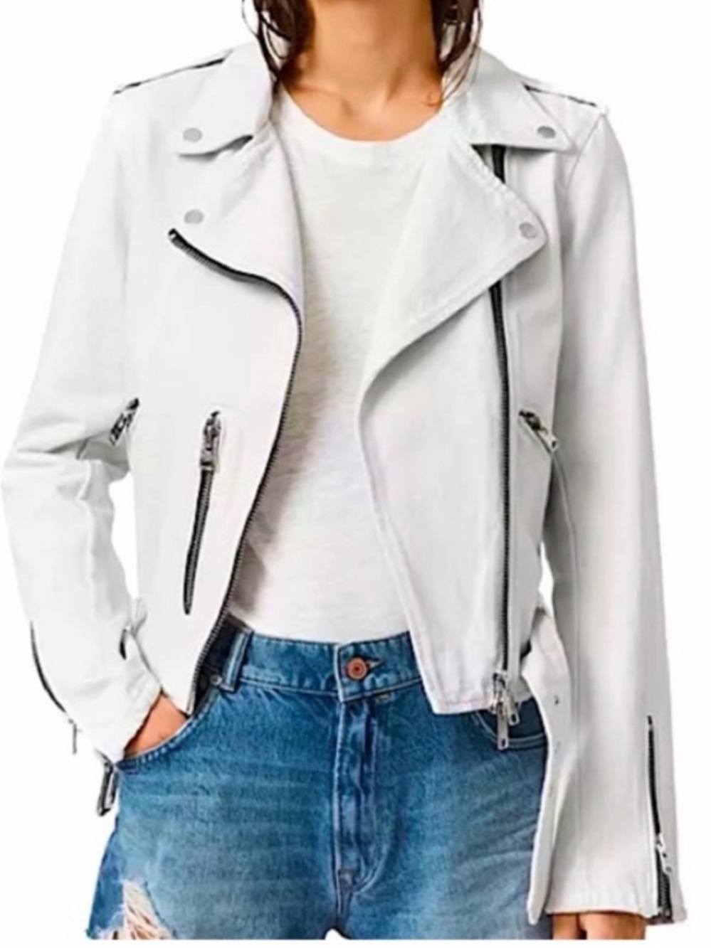 All Saints White Balfern denim Biker Jacket size 8 women moto buckle medium